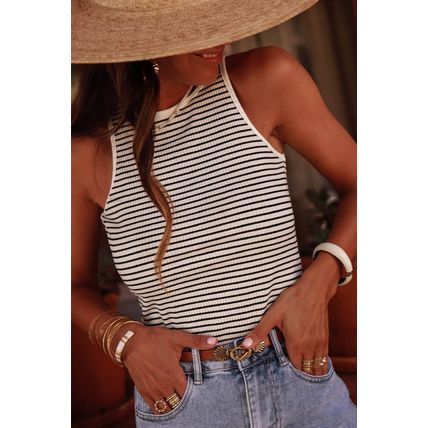 White Striped Print Ribbed Knit Sleeveless Top