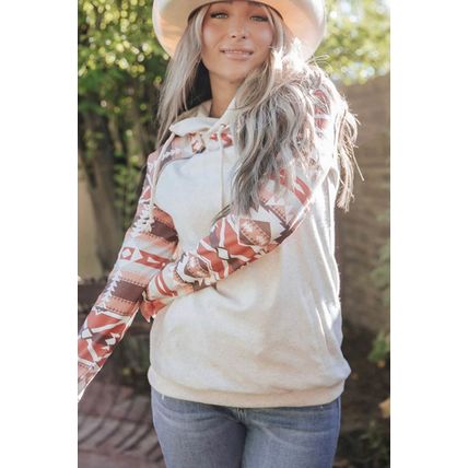 Western Aztec Print Patchwork Double Hood Hoodie
