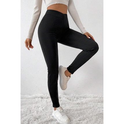 Black Crossed Waist Seamed Leg Thermal Leggings