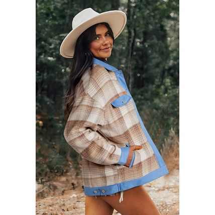 Light French Beige Plaid Patchwork Flap Detail Button Up Shacket