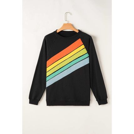 Black Rainbow Colorblock Striped Pullover Sweatshirt