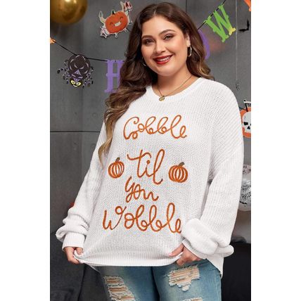 White Gobble Til You Wobble Pop Up Crochet Plus Size Sweater