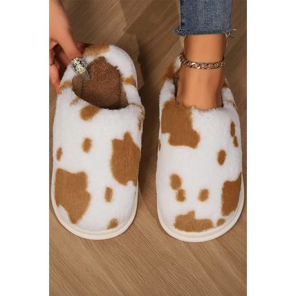 Chestnut Cow Spot Printed Plush Home Slippers