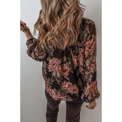Black Floral Print Criss Cross V Neck Balloon Sleeve Blouse