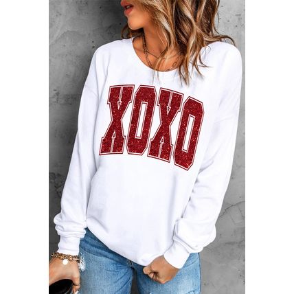 White Glitter XOXO Graphic Crewneck Valentines Pullover Sweatshirt