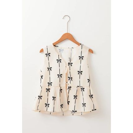 White Bow Printed Tie Closure Ruffled Vest