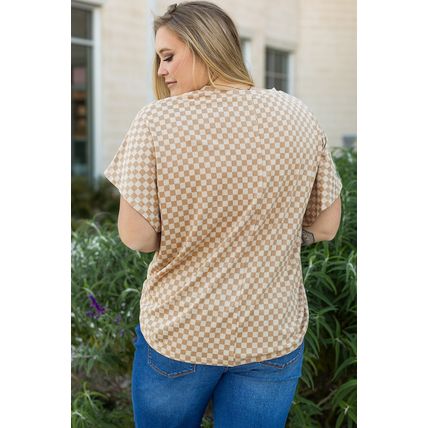 Khaki Checkerboard Short Batwing Sleeve Round Neck Plus Size T Shirt