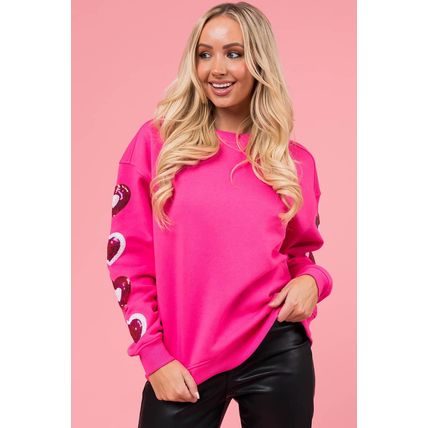Bonbon Sequined Heart Patched Drop Shoulder Valentines Sweatshirt