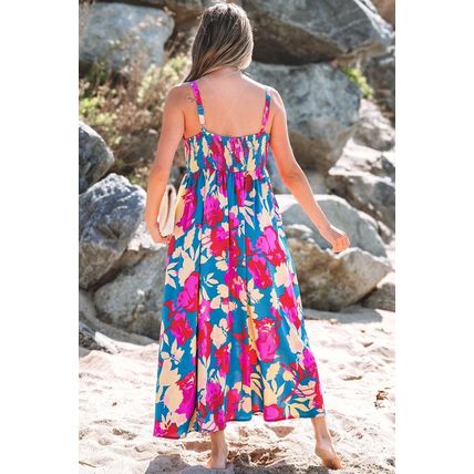 Dark Blue Floral High Waist Sleeveless Flared Long Dress