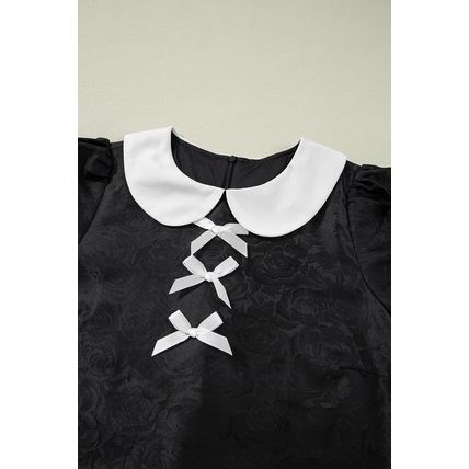Black Floral Embossed Puff Sleeve Colorblock Bow Collared Mini Dress