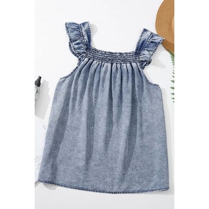Ashleigh Blue Ruffled Shirred Neckline Sleeveless Denim Tank Top