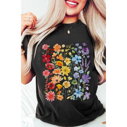Black Beautiful Flower Print Cotton Blend Casual Tee