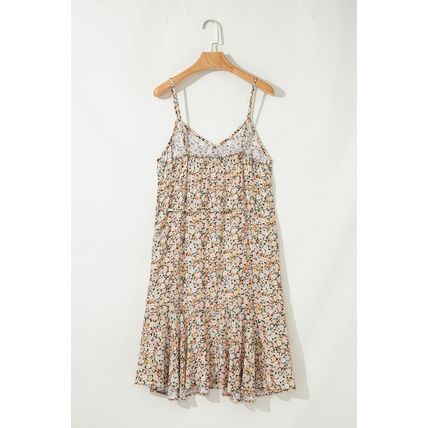 Khaki Boho Floral Printed Tie Waist Flared Sundress
