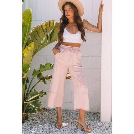 Pink Flower Patch Mineral Washed Terry Knit Cropped Wide Leg Pants