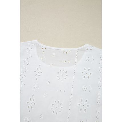 White Eyelet Embroidered Smocked Cuff Sheer Blouse