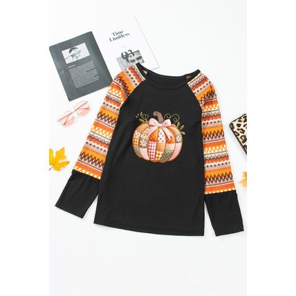 Orange Cute Pumpkin Graphic Geo Print Raglan Long Sleeve Tee