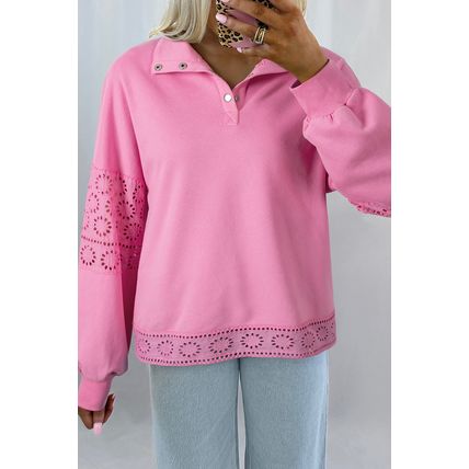 Bonbon Embroidered Flower Patchwork Snap Buttons Pullover Sweatshirt