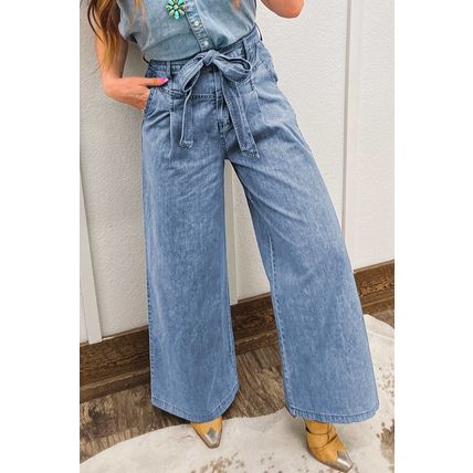 Beau Blue Western Washed Bow Knot Sash Wide Leg Jeans