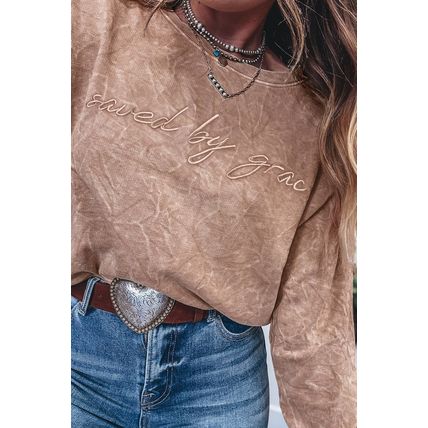 DUNE saved by grace Letter Embroidery Mineral Wash Loose Sweatshirt