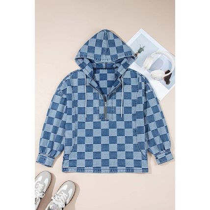 Sky Blue Checkerboard Zipped Neck Kangaroo Pocket Denim Hoodie