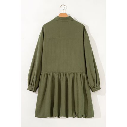 Four Leaf Clover Plus Size Collar Half Button Long Sleeve Ruffle Hem Mini Dress