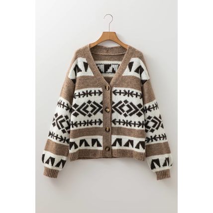 Dark Khaki Ethnic Geometric Pattern Button Front V Neck Sweater Cardigan