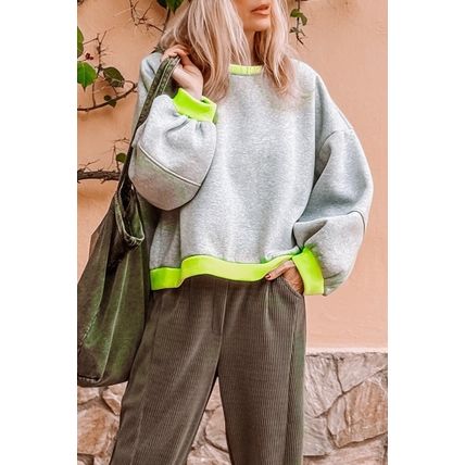 Light Grey Contrast Color Banding Patchwork Puff Sleeve Loose Sweatshirt