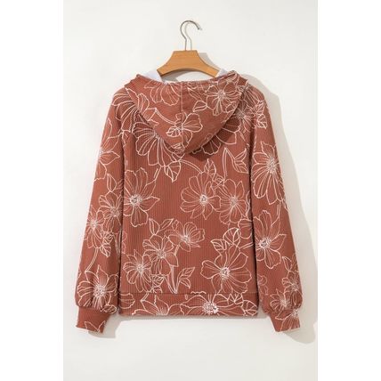 Brown Floral Twisted Rib Drawstring Kangaroo Pocket Hoodie