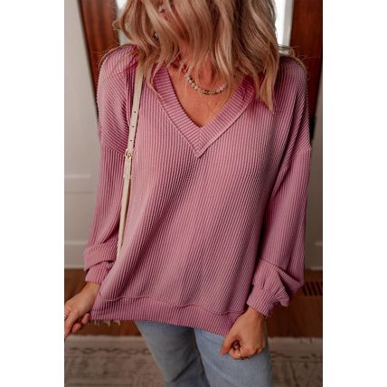 Fiery Red Twisted Rib V Neck Drop Shoulder Loose Sleeve Oversize Top
