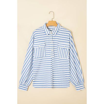 Sky Blue Stripe Half Button Collared Chest Pockets Loose Fit Blouse