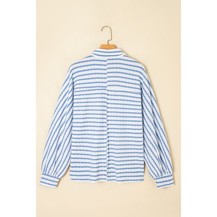 Sky Blue Stripe Half Button Collared Chest Pockets Loose Fit Blouse