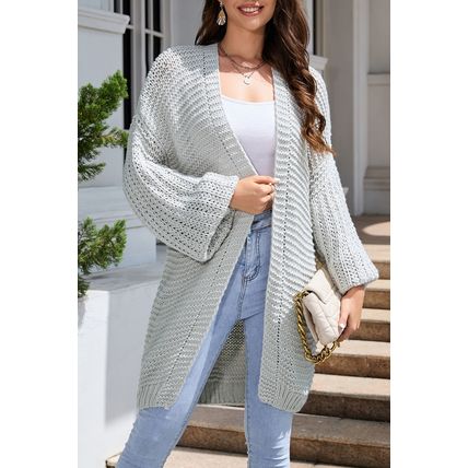 Gray Chunky Oversize Knit Drop Shoulder Puff Sleeve Cardigan