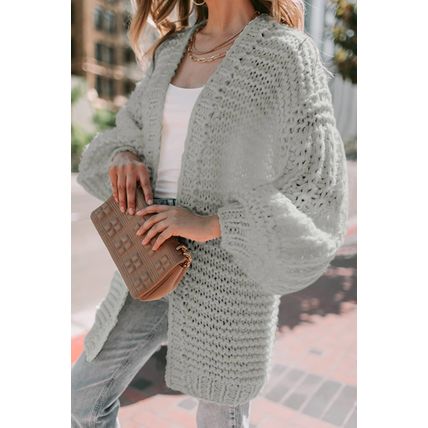Gray Chunky Oversize Knit Drop Shoulder Puff Sleeve Cardigan