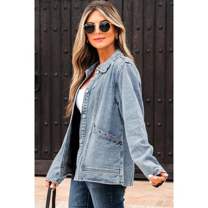 Myosotis Scallop Trim Collar Patched Pocket Button Up Denim Jacket