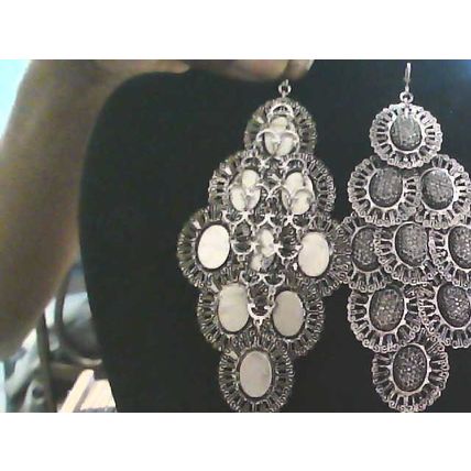 Silver Tone FILIGREE Oval DANGLES Aprx 3” Hook Earrings