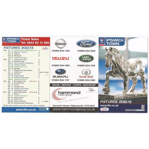 Fixture Card IPSWICH TOWN 2012-13 (Mint Condition- Pre-Folded Before Issue)