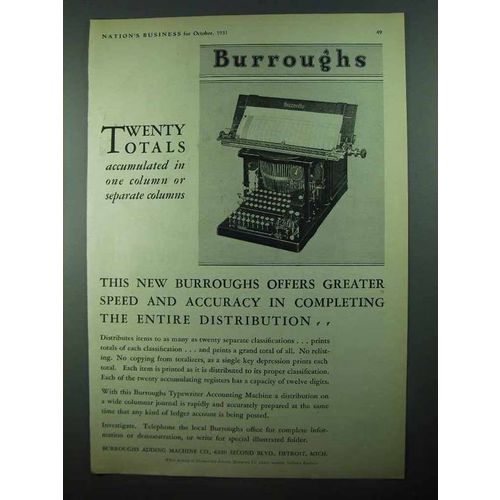 1931 Burroughs Typewriter Accounting Machine Ad