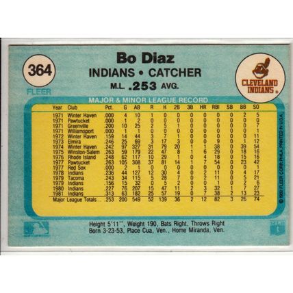 1982 Fleer baseball card 364 Bo Diaz– Cleveland Indians