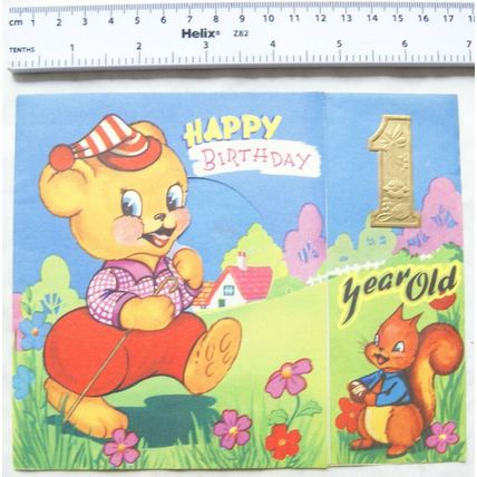 Vintage: Birthday card - 1 Year Old, teddy, squirrel, etc. fishing