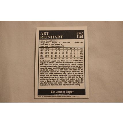 Arthur "Art" Reinhart 1991 The Sporting News Conlon Collection NO. 242