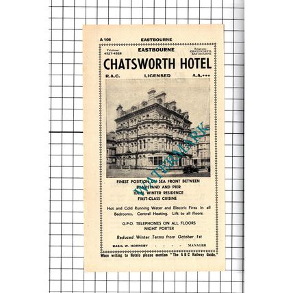 Chatsworth Hotel Eastbourne Basil Hornsby / The Cavendish Advert - 1958 Cutting