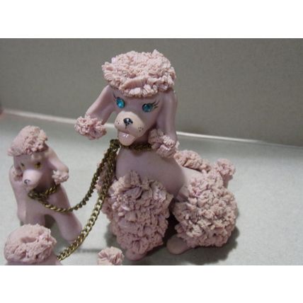 Vintage Pink Poodle Family Spaghetti Ceramic Blue Stone Eyes Mom Puppies