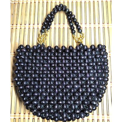 Jana Wood Black/Brown Bead SM 7.5" x 5.5" Handbag Made in Japan Dress Purse