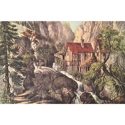 PUZZLE PICTURE. OLD SWISS MILL 1952 Nathaniel Currier - James Merritt Ives PRINT