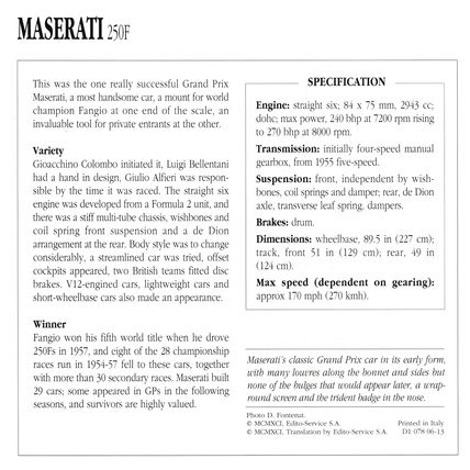 Collectors Club card. Classic Cars. Maserati 250F