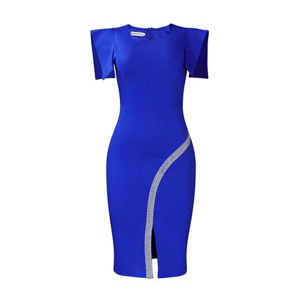 Summer new short sleeve bag hip tight temperament through slit bright edge dress