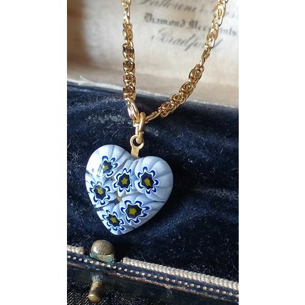 Vintage 1990-s Murano Glass Millefiori Heart Pendant on 18K GP Chain- Beautiful!