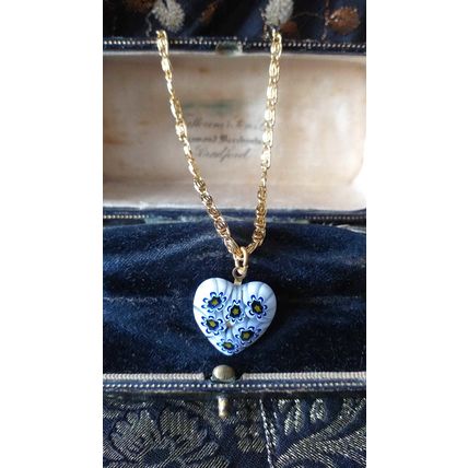 Vintage 1990-s Murano Glass Millefiori Heart Pendant on 18K GP Chain- Beautiful!