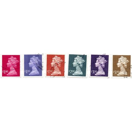 QUEEN ELIZABETH 11 G.B.SIX HIGH VALUE DEFINITIVE FINE USED STAMPS NEVER HINGED