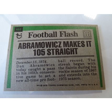 1975 Topps Football Card # 452 Dan Abramowicz Very Good (3) San Francisco 49ers